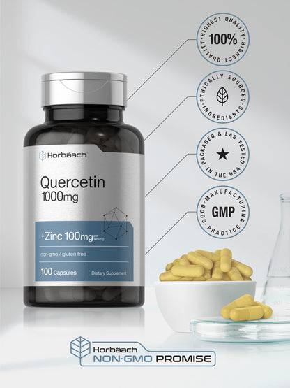 Horbäach Quercetin 1000mg Capsules with Zinc | 100 Count | Non-GMO, Gluten Free