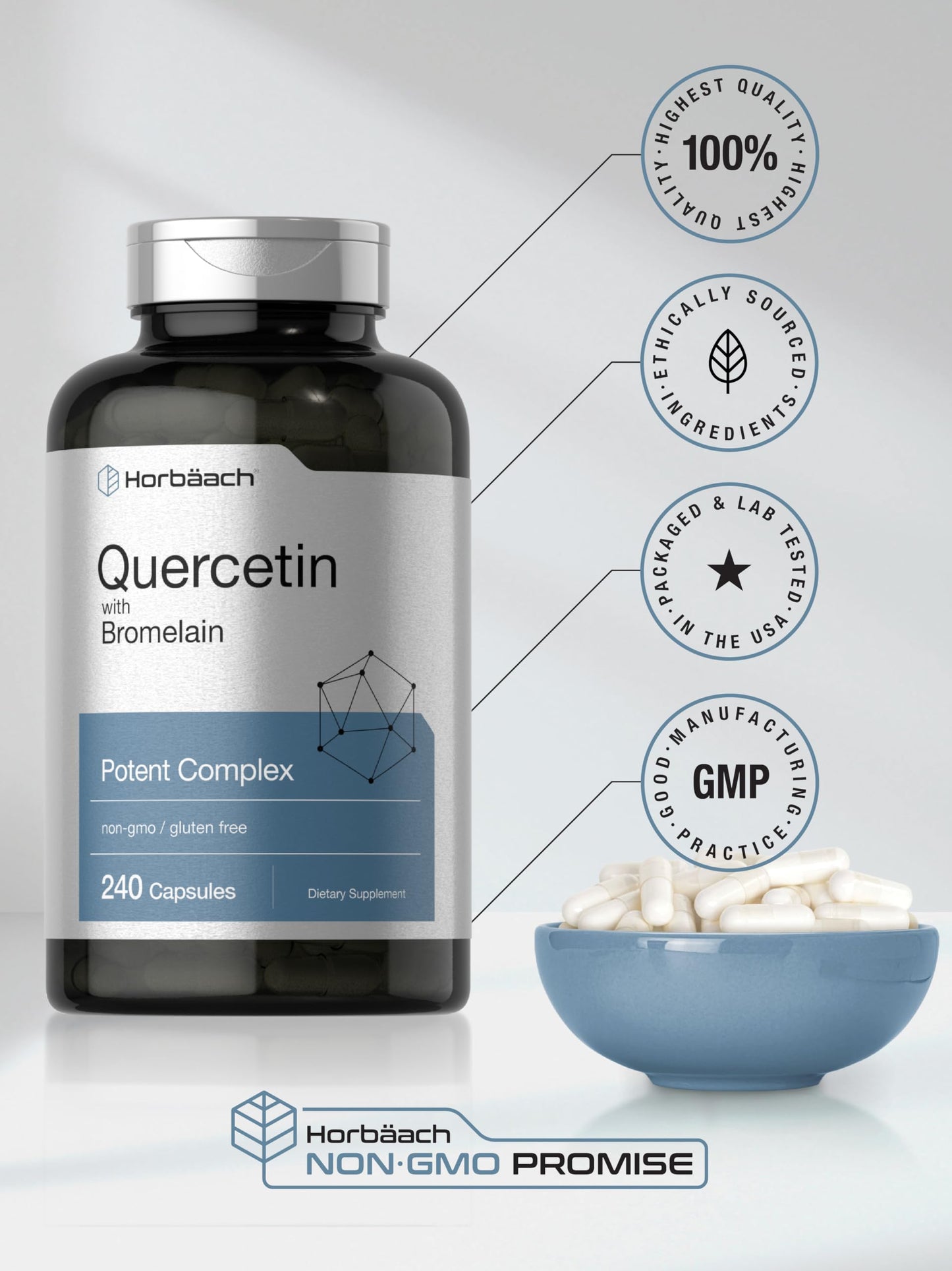 Horbäach Quercetin with Bromelain - 240 Capsules | Non-GMO, Gluten Free