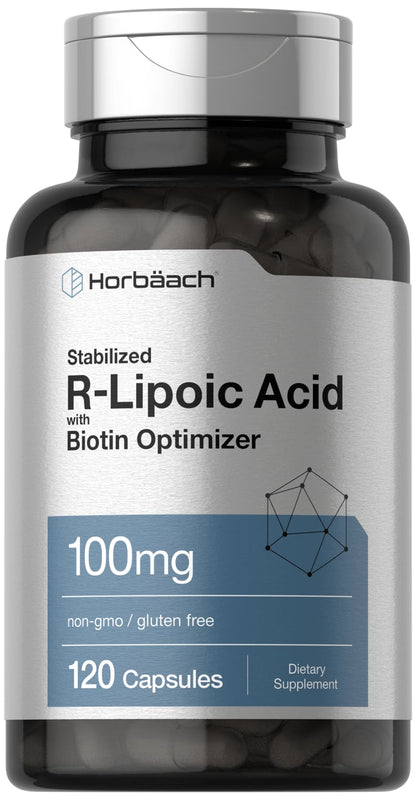 Horbaach R-Lipoic Acid 100 mg | 120 Capsules | with Biotin Optimizer | Non-GMO, Gluten Free | Stabilized R-Lipoic Acid Supplement