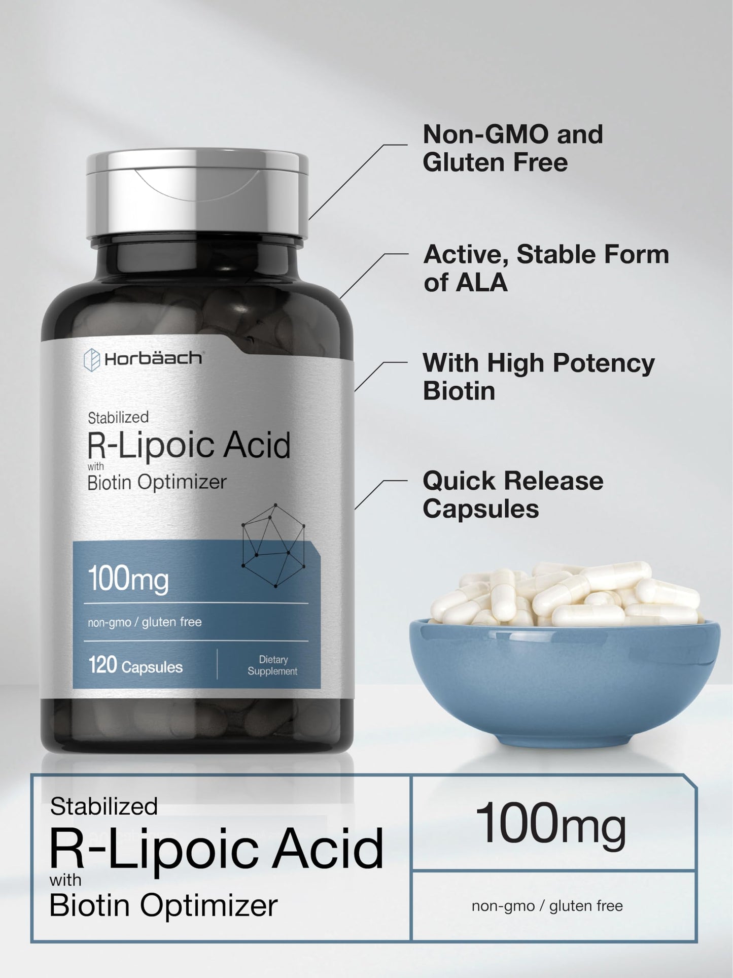 Horbaach R-Lipoic Acid 100 mg | 120 Capsules | with Biotin Optimizer | Non-GMO, Gluten Free | Stabilized R-Lipoic Acid Supplement