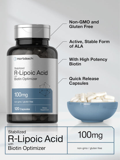 Horbaach R-Lipoic Acid 100 mg | 120 Capsules | with Biotin Optimizer | Non-GMO, Gluten Free | Stabilized R-Lipoic Acid Supplement