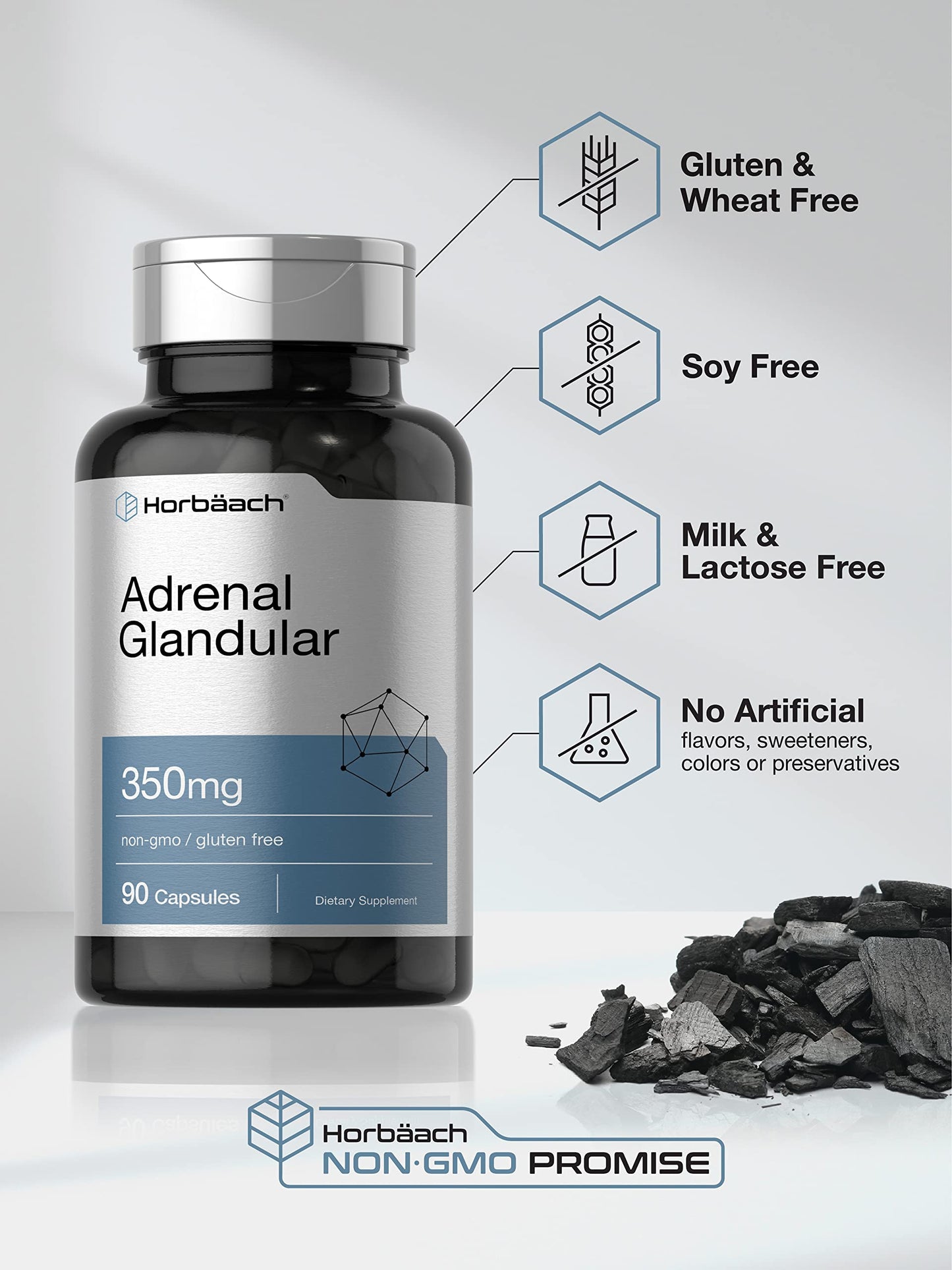 Horbäach Raw Adrenal Glandular 350 mg | 90 Capsules | Non-GMO, Gluten Free