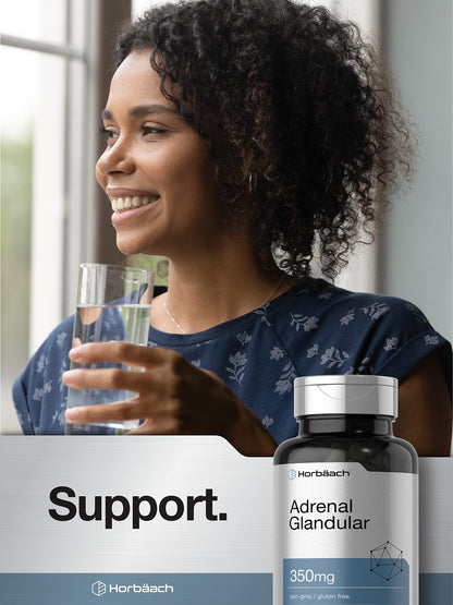 Horbäach Raw Adrenal Glandular 350 mg | 90 Capsules | Non-GMO, Gluten Free