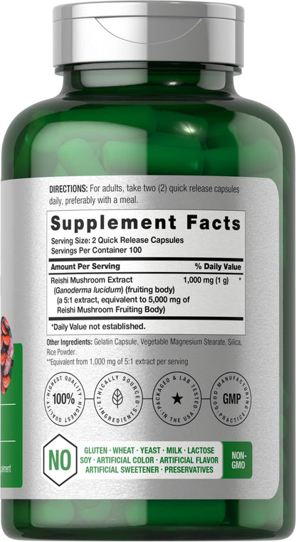 Horbäach Reishi Mushroom Capsules | 200 Count | Non-GMO and Gluten Free Extract Supplement