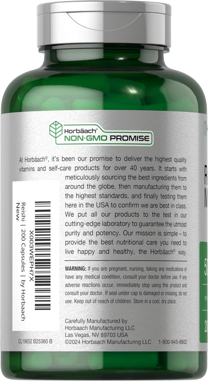 Horbäach Reishi Mushroom Capsules | 200 Count | Non-GMO and Gluten Free Extract Supplement