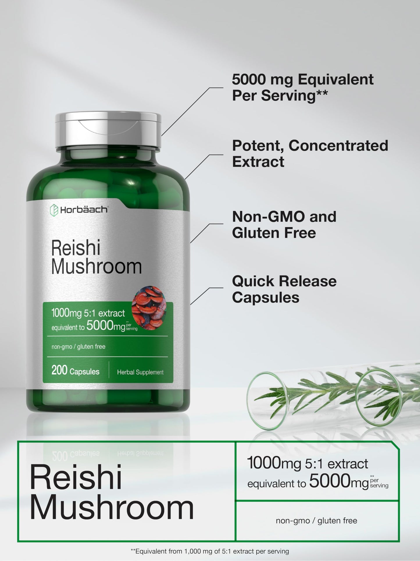 Horbäach Reishi Mushroom Capsules | 200 Count | Non-GMO and Gluten Free Extract Supplement