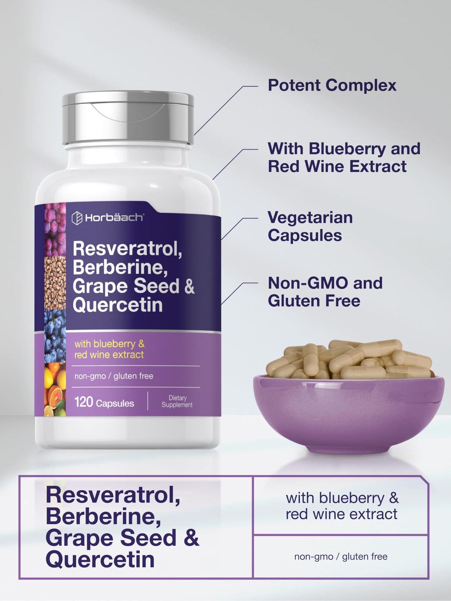 Horbäach Resveratrol Berberine Grape Seed & Quercetin – 120 Capsules | Non-GMO, Gluten Free