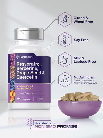 Horbäach Resveratrol Berberine Grape Seed & Quercetin – 120 Capsules | Non-GMO, Gluten Free
