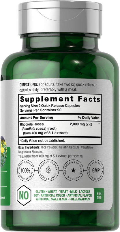 Horbäach Rhodiola Rosea Capsules 2000mg – 180 Count | Non-GMO, Gluten Free