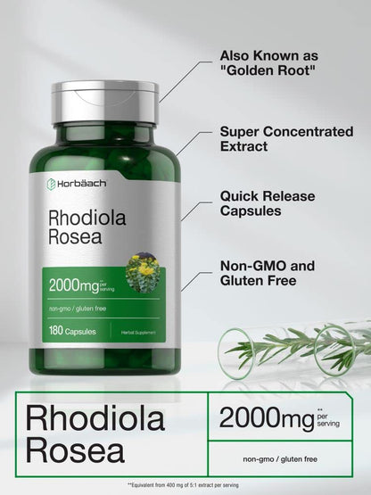 Horbäach Rhodiola Rosea Capsules 2000mg – 180 Count | Non-GMO, Gluten Free