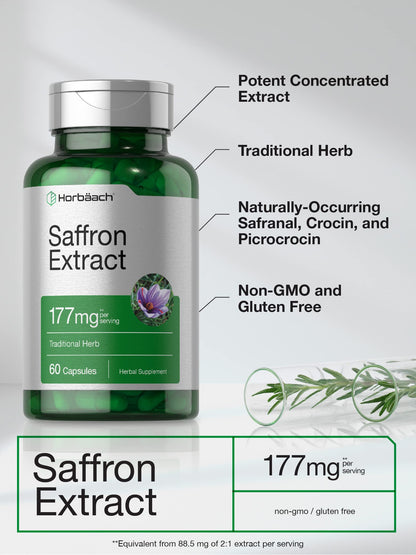 Horbaach Saffron Extract Capsules | 177 mg per Serving | 60 Pills | Non-GMO, Gluten Free