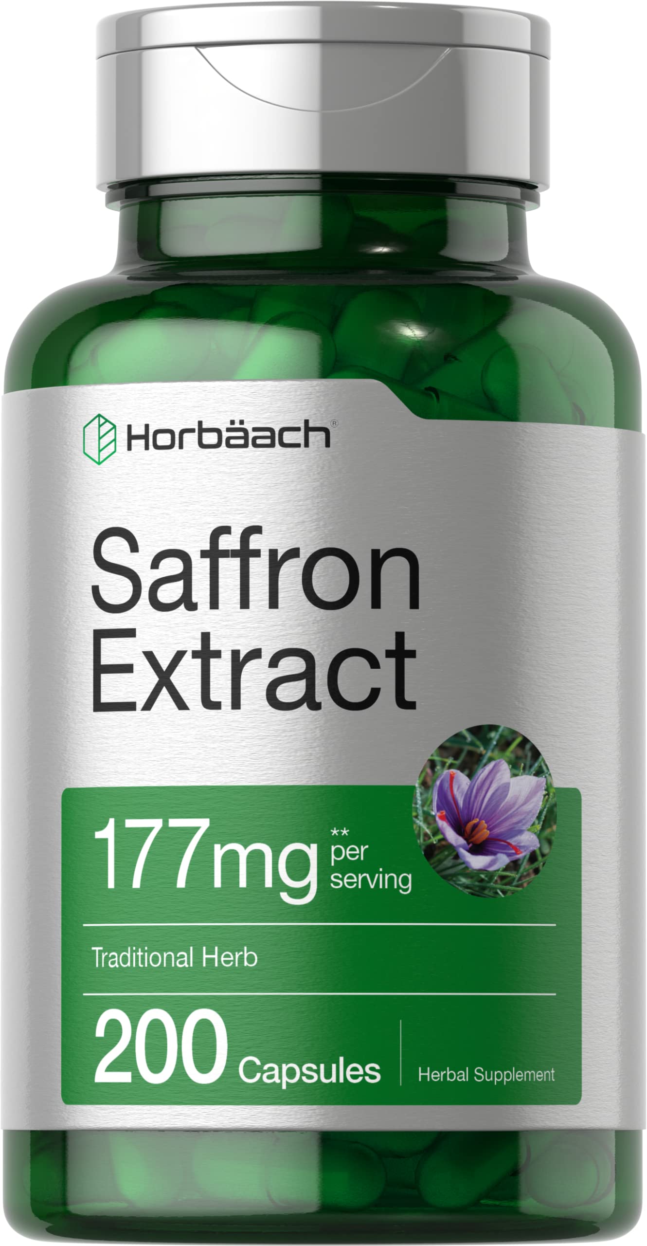 Horbäach Saffron Extract Supplement – 177 mg, 200 Capsules – Non-GMO, Gluten Free