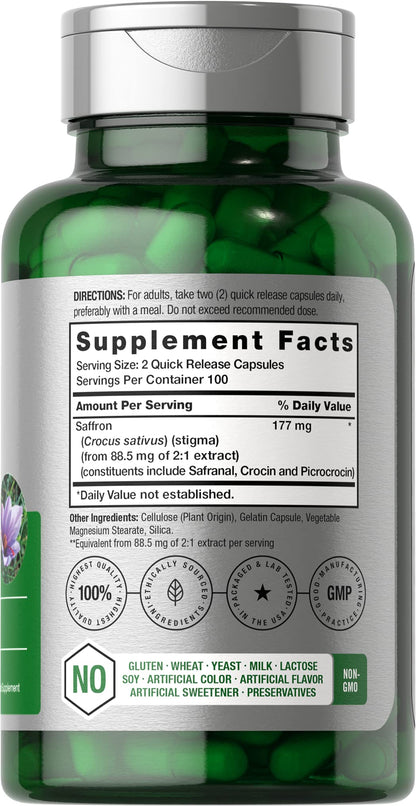 Horbäach Saffron Extract Supplement – 177 mg, 200 Capsules – Non-GMO, Gluten Free