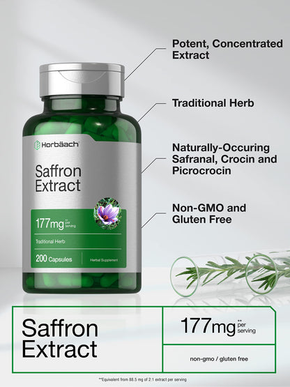 Horbäach Saffron Extract Supplement – 177 mg, 200 Capsules – Non-GMO, Gluten Free