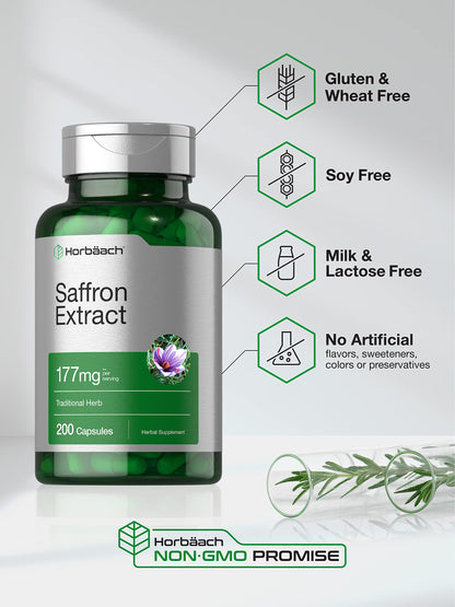 Horbäach Saffron Extract Supplement – 177 mg, 200 Capsules – Non-GMO, Gluten Free