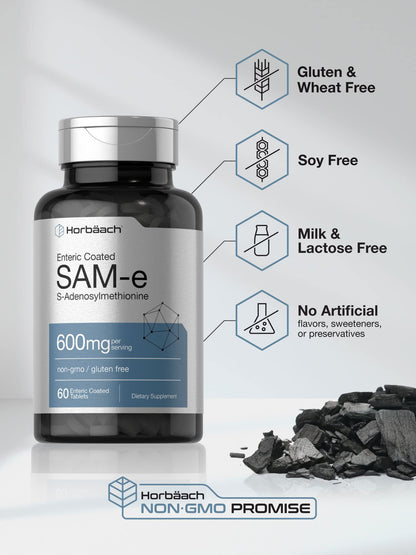 Horbäach SAM-e Supplement 600mg | 60 Vegetarian Tablets | Non-GMO & Gluten Free | S-Adenosyl Methionine