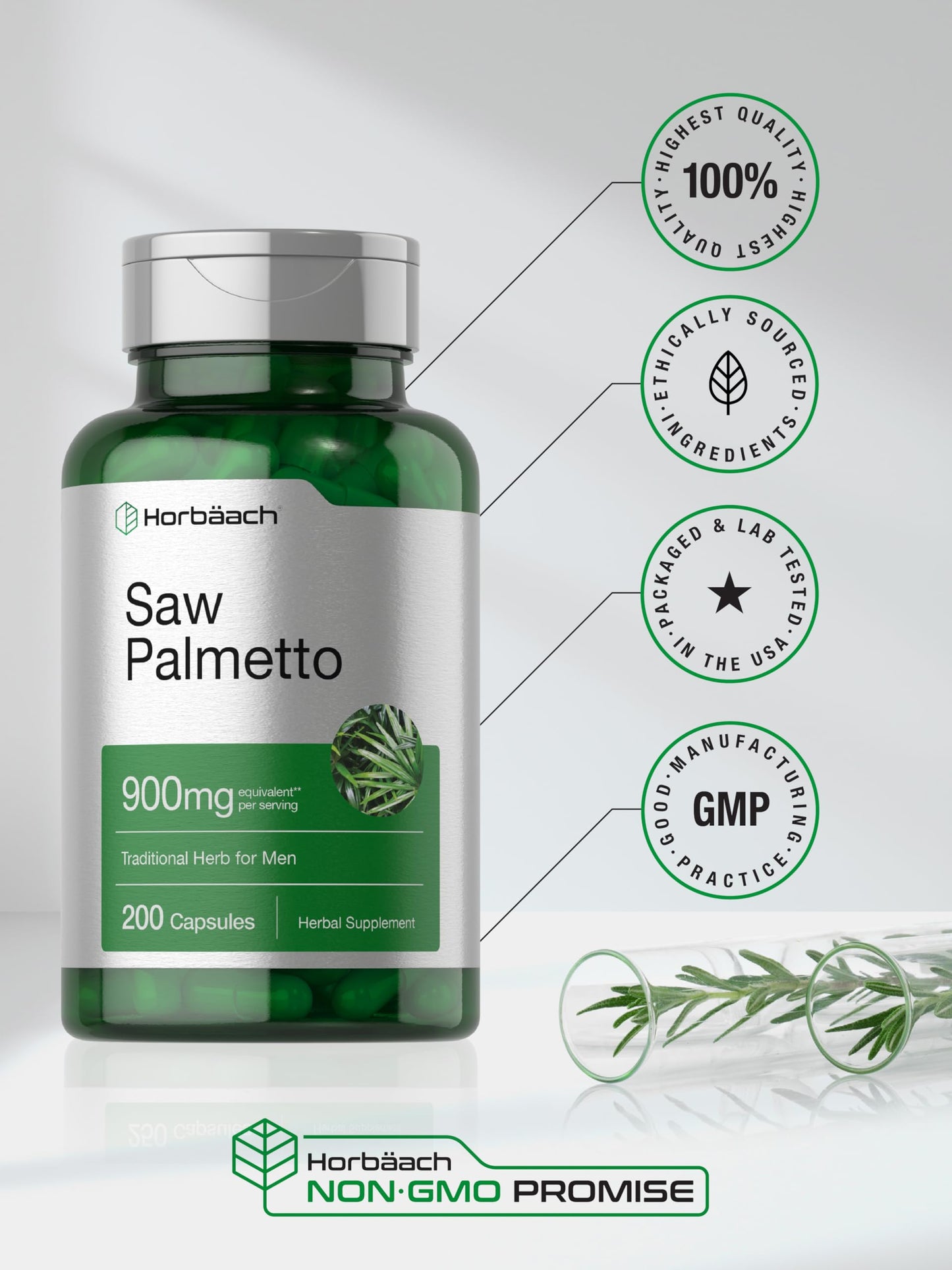 Horbaach Saw Palmetto Extract 900mg – 200 Capsules | Non-GMO & Gluten Free | Traditional Herb Supplement from Saw Palmetto Berries