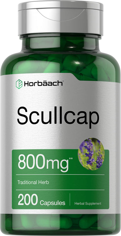 Horbäach Scullcap Capsules 800 mg | 200 Count | Non-GMO & Gluten Free | Scutellaria Baicalensis