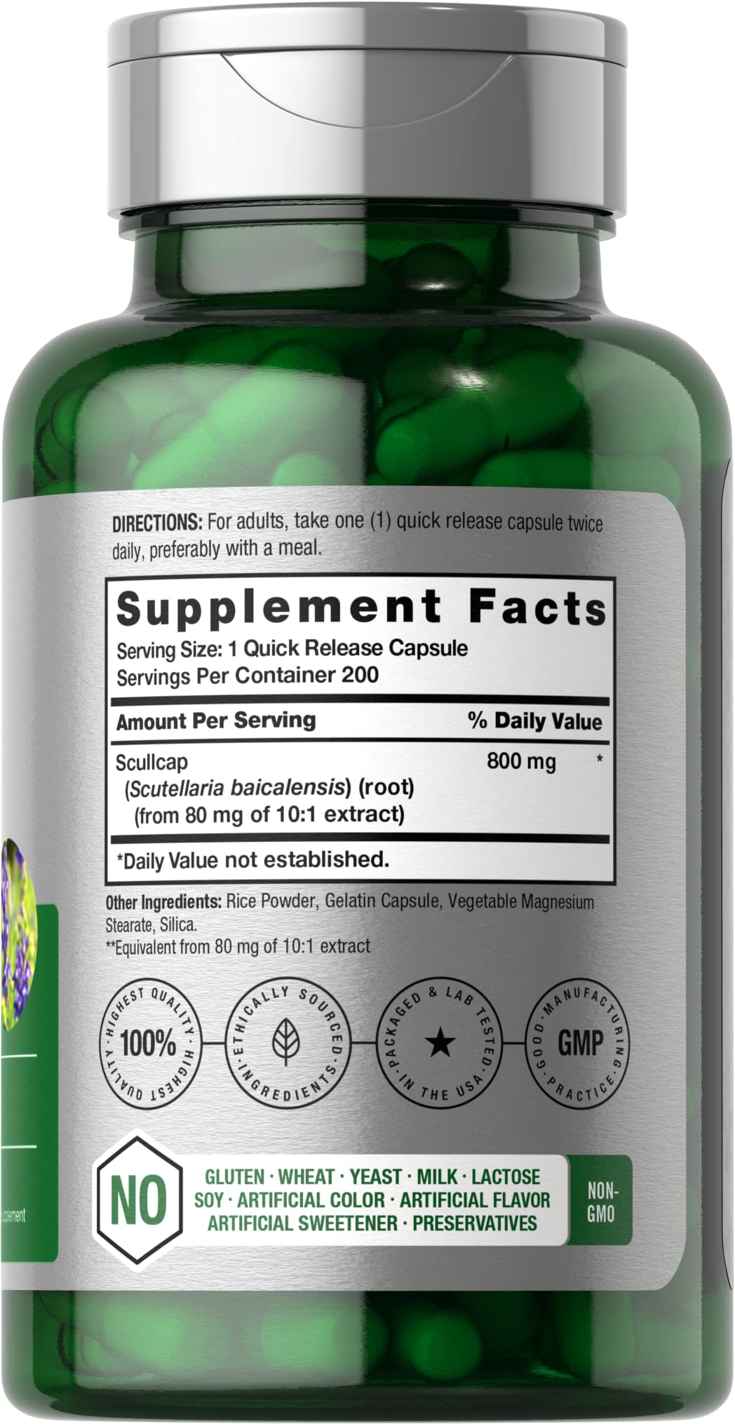 Horbäach Scullcap Capsules 800 mg | 200 Count | Non-GMO & Gluten Free | Scutellaria Baicalensis