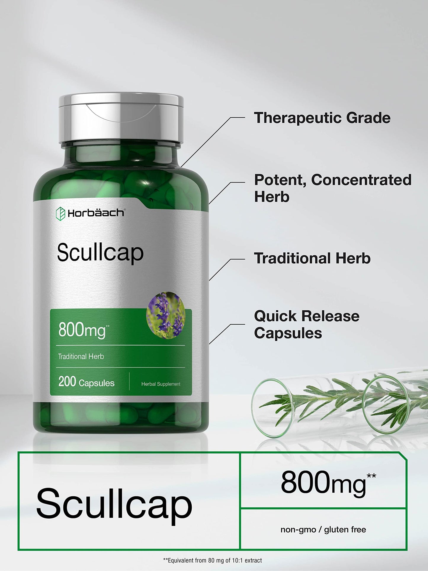 Horbäach Scullcap Capsules 800 mg | 200 Count | Non-GMO & Gluten Free | Scutellaria Baicalensis