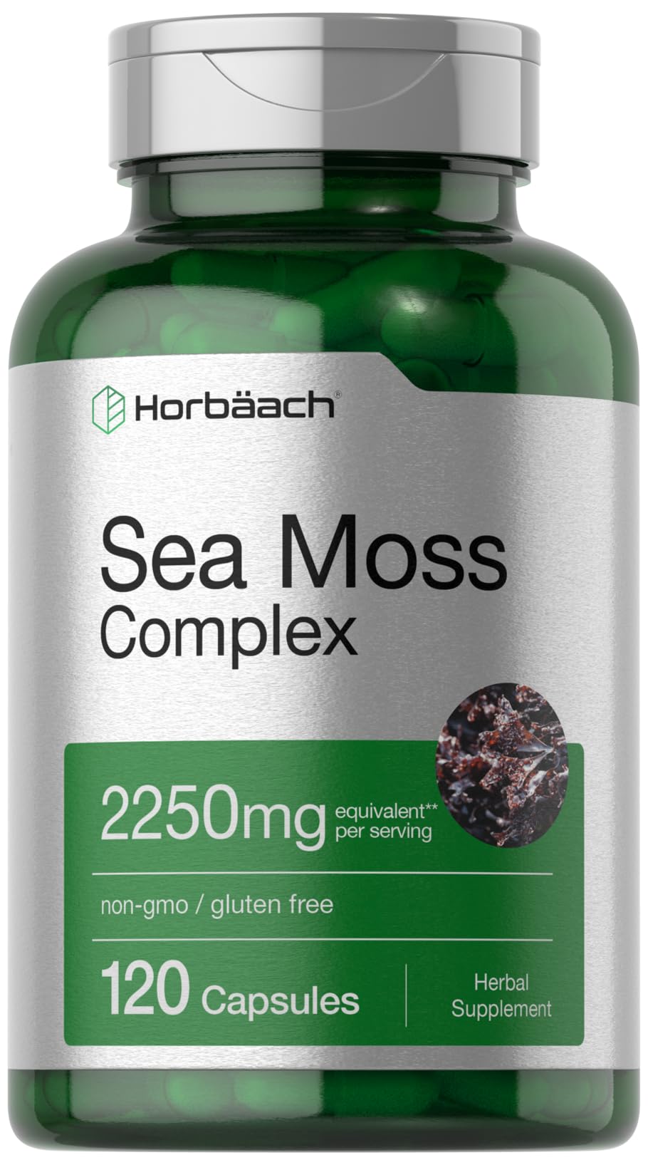 Horbäach Sea Moss Complex Capsules – 2250mg, 120 Count, Bladderwrack & Burdock Root – Non-GMO, Gluten Free