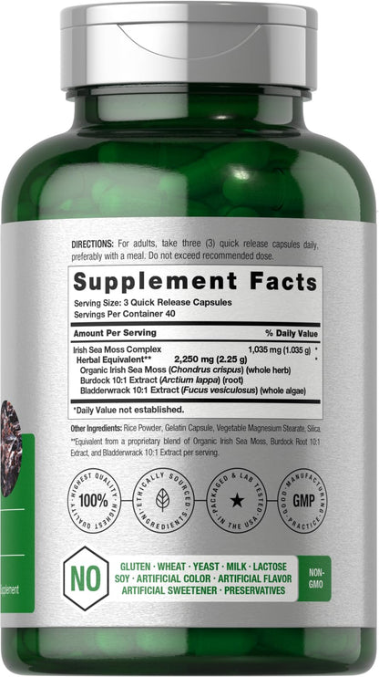 Horbäach Sea Moss Complex Capsules – 2250mg, 120 Count, Bladderwrack & Burdock Root – Non-GMO, Gluten Free
