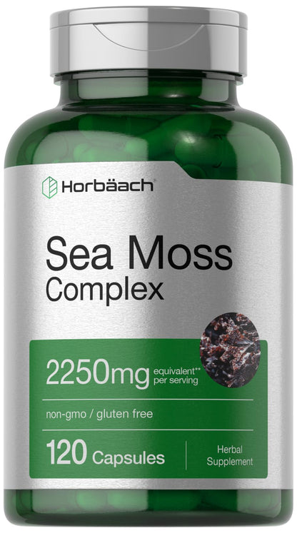Horbäach Sea Moss Complex Capsules – 2250mg, 120 Count, Bladderwrack & Burdock Root – Non-GMO, Gluten Free