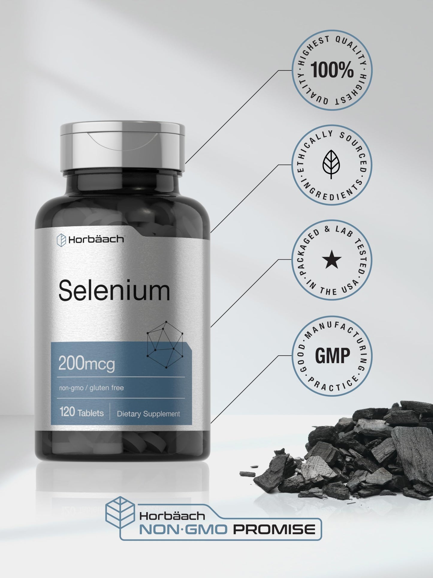 Horbäach Selenium 200 mcg Supplement – 120 Tablets | Non-GMO & Gluten Free