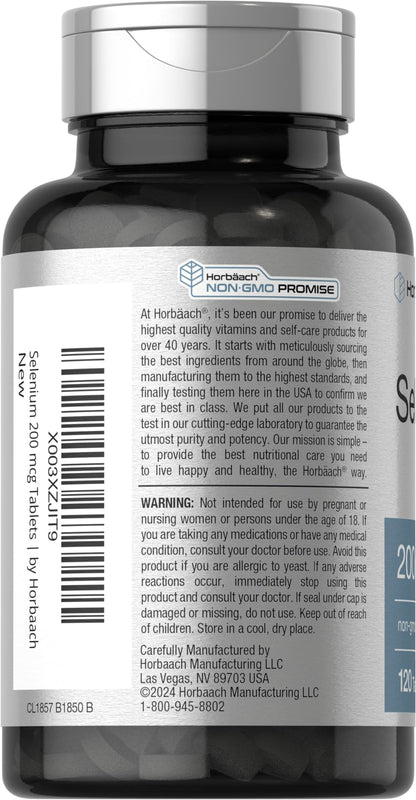 Horbäach Selenium 200 mcg Supplement – 120 Tablets | Non-GMO & Gluten Free