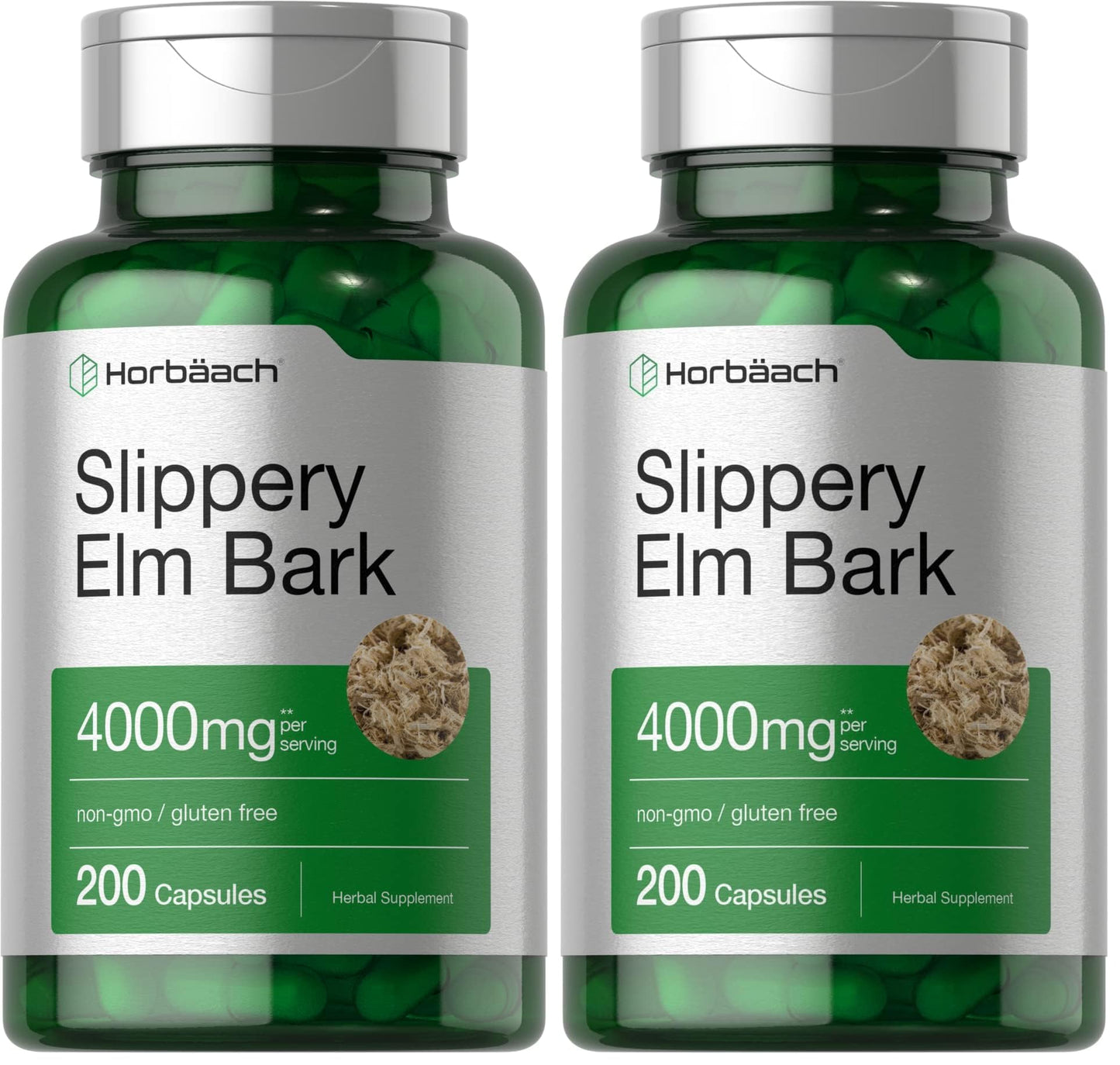 Horbäach Slippery Elm Bark Capsules | 200 Count | Non-GMO & Gluten Free (Pack of 2)
