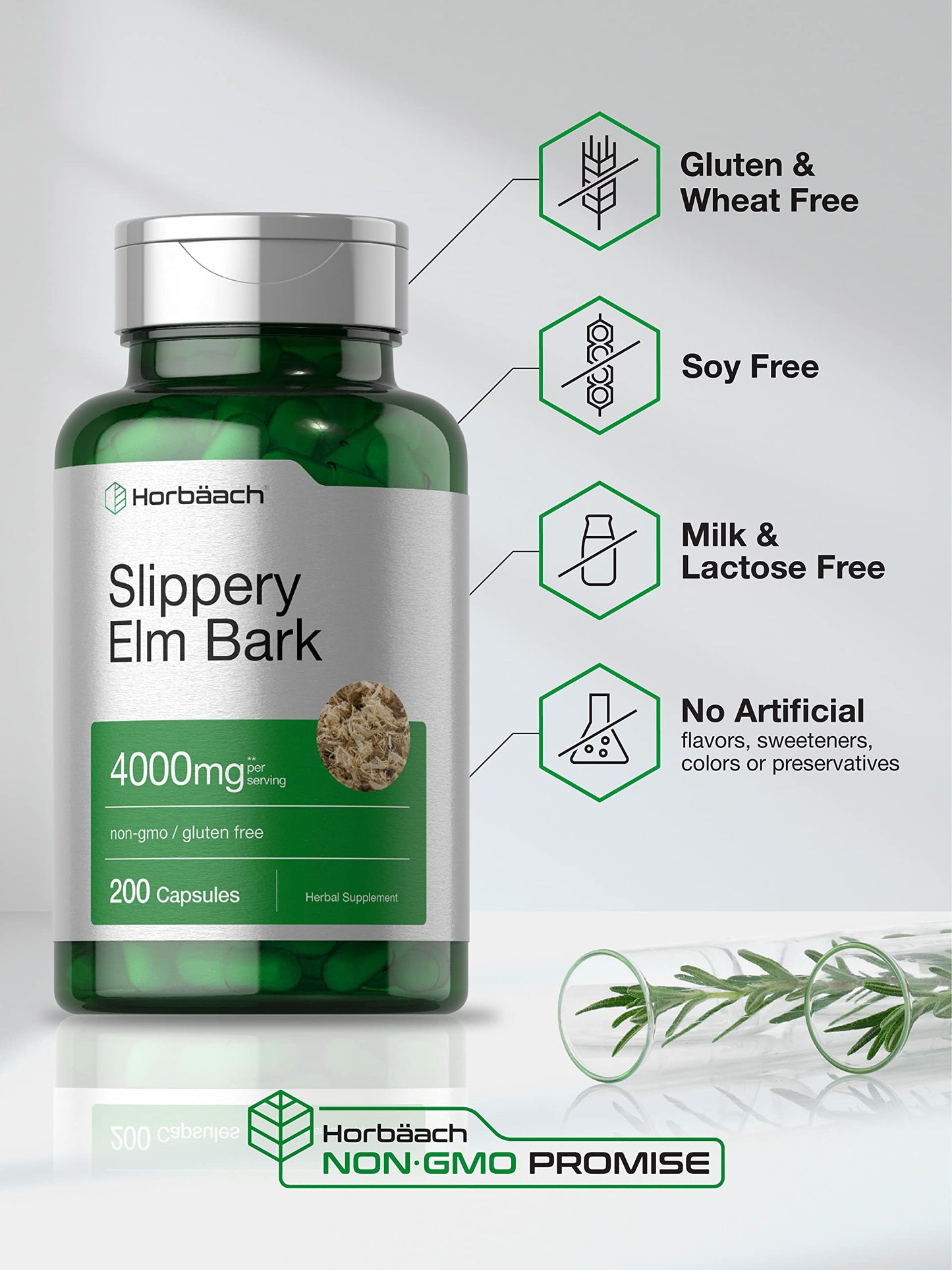 Horbäach Slippery Elm Bark Capsules | 200 Count | Non-GMO & Gluten Free (Pack of 2)
