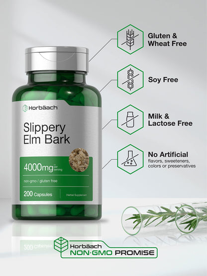 Horbäach Slippery Elm Bark Capsules | 200 Count | Non-GMO & Gluten Free (Pack of 2)