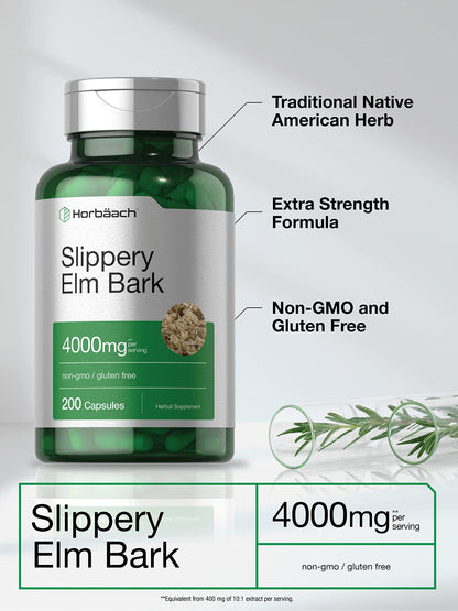 Horbäach Slippery Elm Bark Capsules | 200 Count | Non-GMO & Gluten Free (Pack of 2)