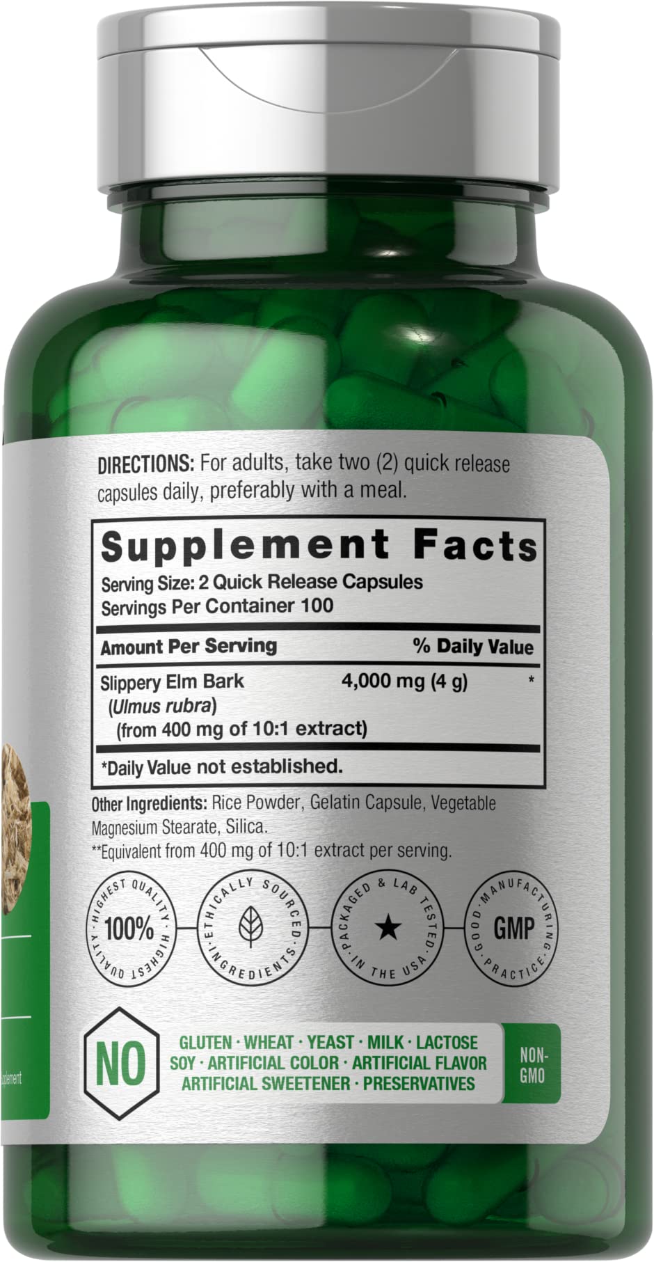 Horbäach Slippery Elm Bark Capsules | 200 Count | Non-GMO & Gluten Free