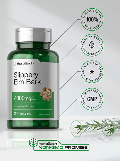 Horbäach Slippery Elm Bark Capsules | 200 Count | Non-GMO & Gluten Free