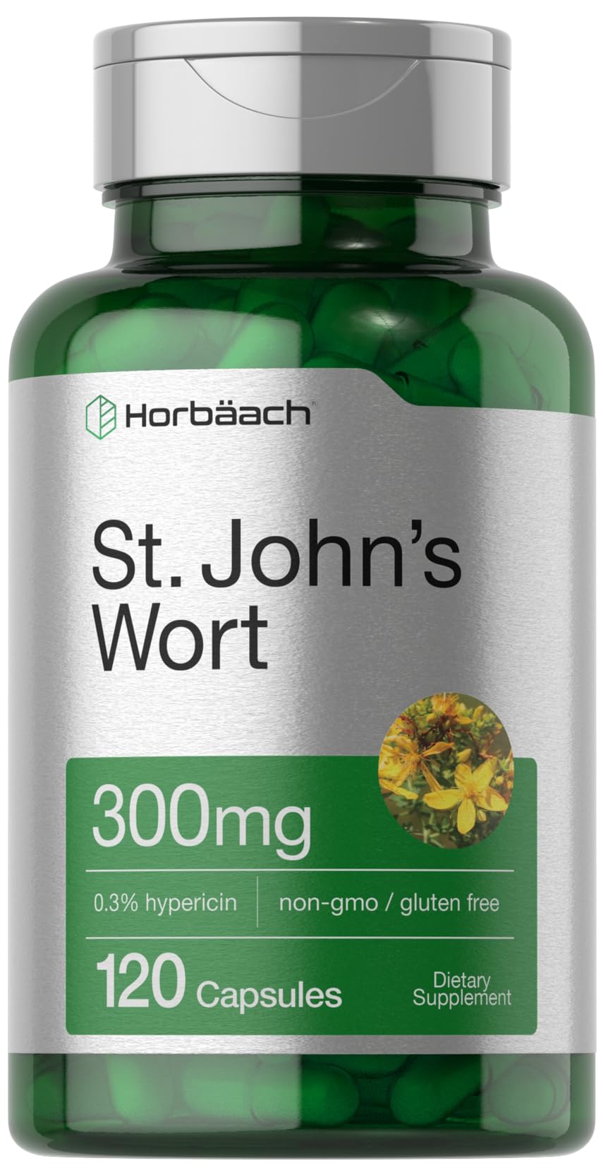 Horbäach St. John's Wort Capsules 300mg | 120 Count | Gluten Free & Non-GMO | Herbal Extract