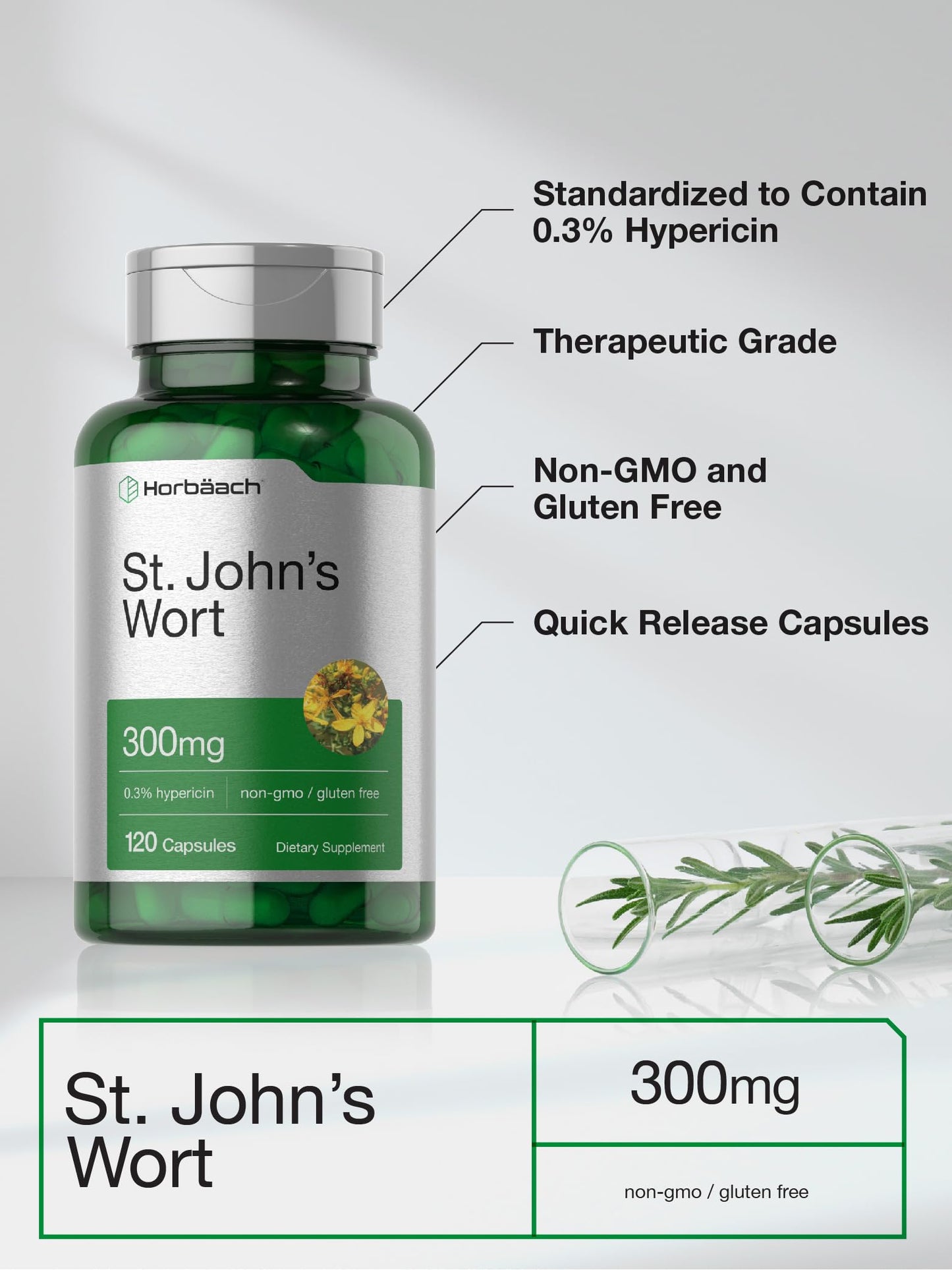 Horbäach St. John's Wort Capsules 300mg | 120 Count | Gluten Free & Non-GMO | Herbal Extract