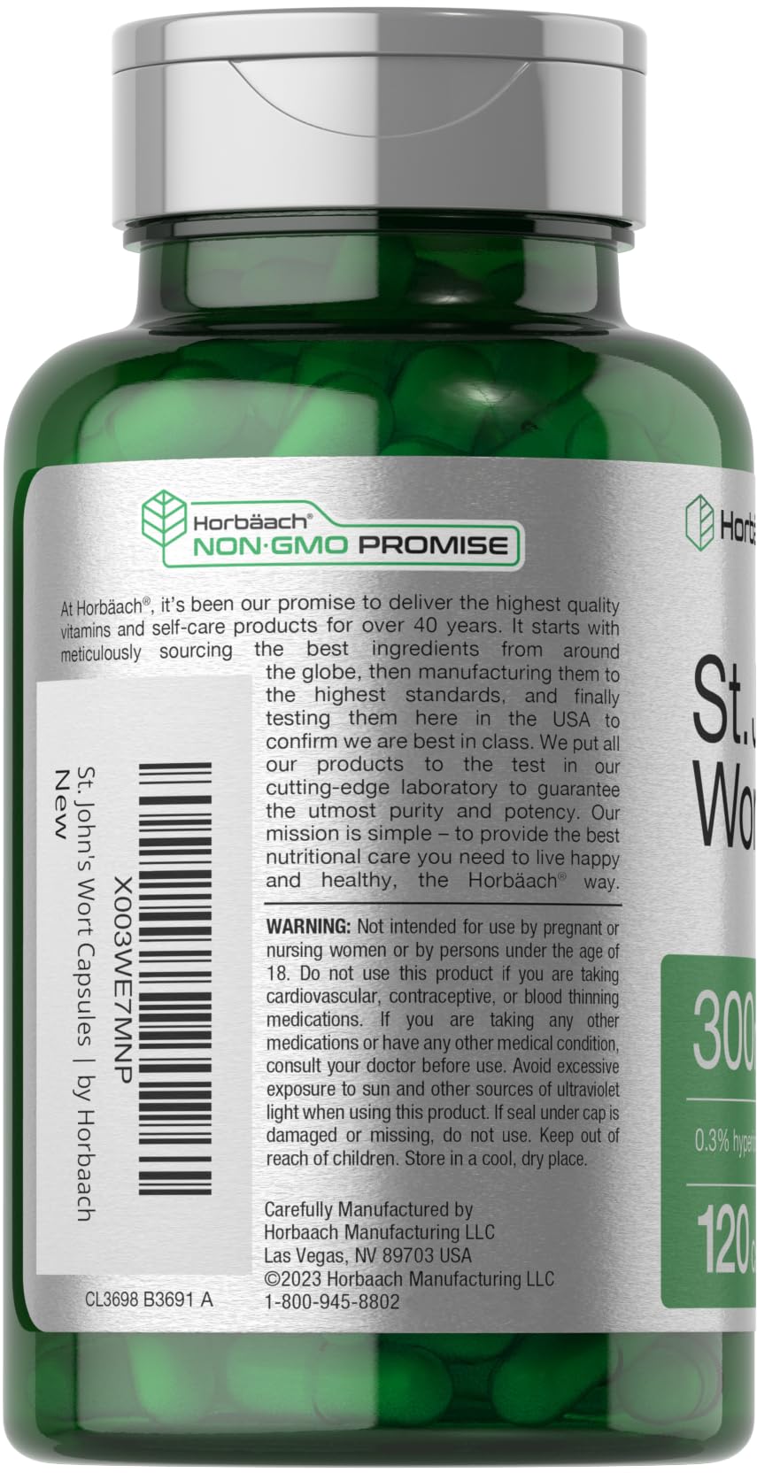 Horbäach St. John's Wort Capsules 300mg | 120 Count | Gluten Free & Non-GMO | Herbal Extract