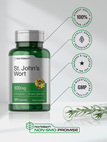 Horbäach St. John's Wort Capsules 300mg | 120 Count | Gluten Free & Non-GMO | Herbal Extract