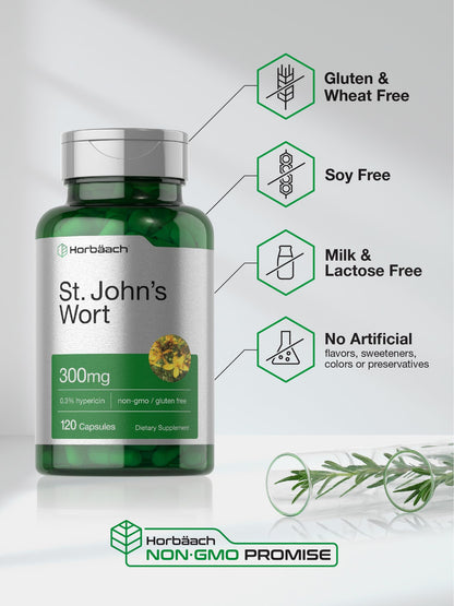 Horbäach St. John's Wort Capsules 300mg | 120 Count | Gluten Free & Non-GMO | Herbal Extract