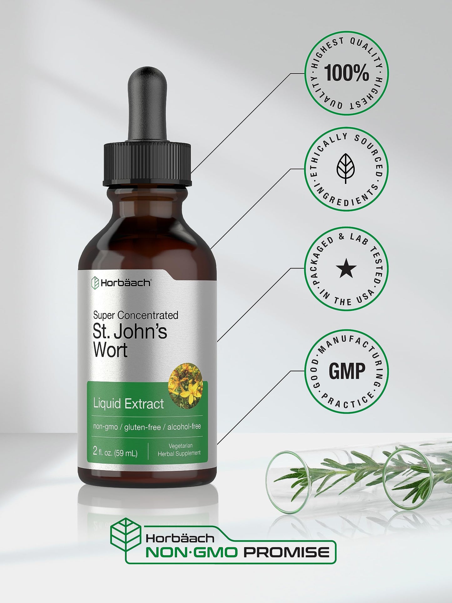 Horbäach St. John's Wort Tincture – 2 fl oz | Alcohol-Free, Vegetarian, Non-GMO, Gluten Free