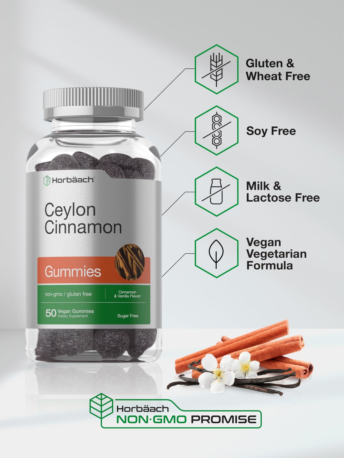 Horbäach Sugar Free Ceylon Cinnamon Gummies 2000mg | 50 Count | Vegan, Non-GMO, Gluten Free | Cinnamon & Vanilla Flavor
