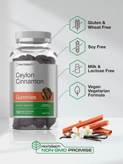 Horbäach Sugar Free Ceylon Cinnamon Gummies 2000mg | 50 Count | Vegan, Non-GMO, Gluten Free | Cinnamon & Vanilla Flavor