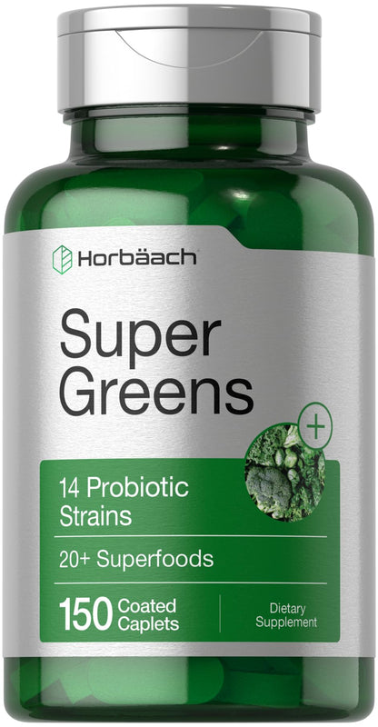 Horbäach Super Greens with Probiotics – 150 Caplets | Non-GMO, Gluten Free