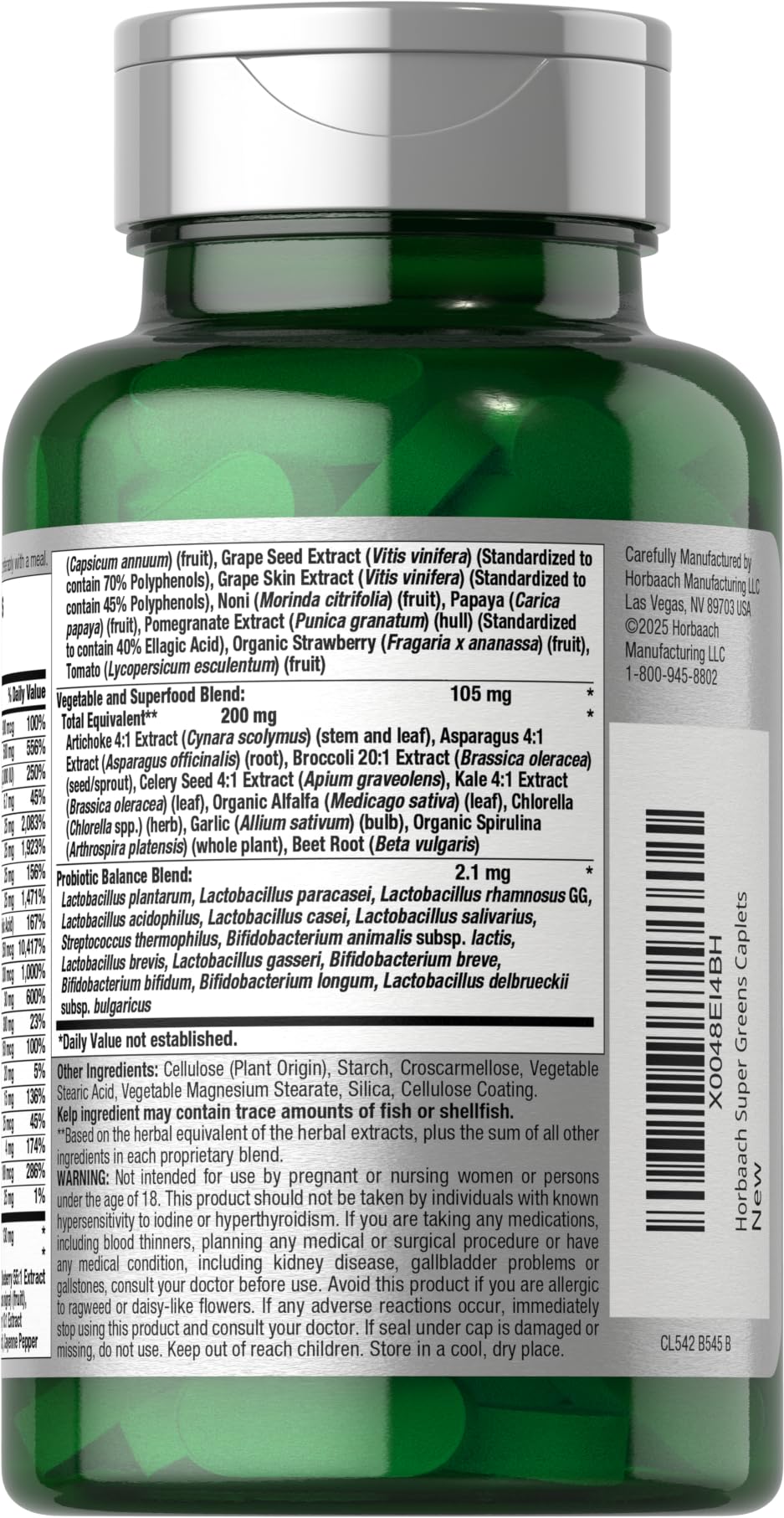 Horbäach Super Greens with Probiotics – 150 Caplets | Non-GMO, Gluten Free