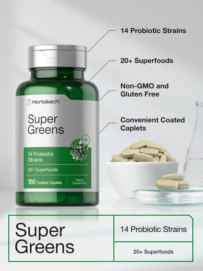 Horbäach Super Greens with Probiotics – 150 Caplets | Non-GMO, Gluten Free