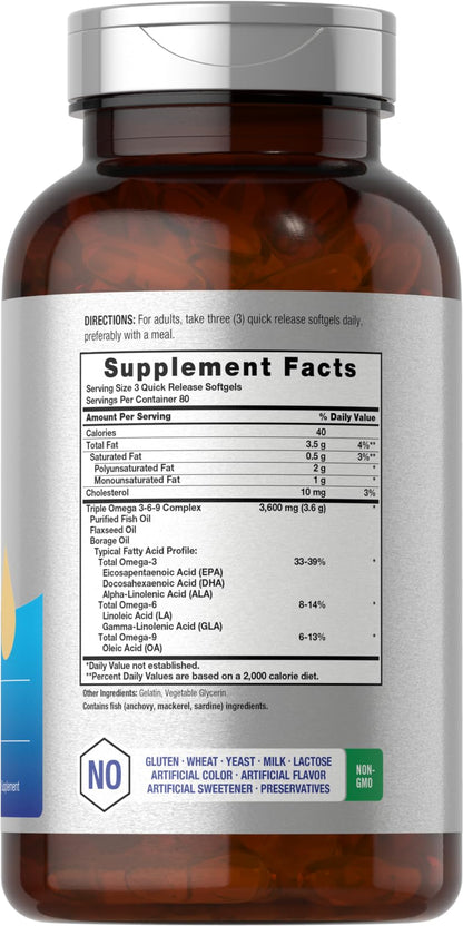 Horbäach Triple Omega 3-6-9 Softgels 240 | Fish, Flaxseed & Borage Oils | Non-GMO & Gluten Free