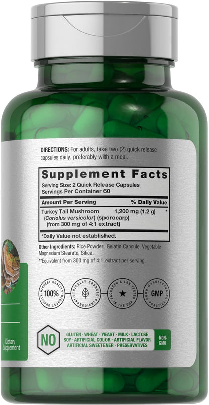 Horbäach Turkey Tail Mushroom Capsules - 1200mg, 120 Count | Non-GMO, Gluten Free