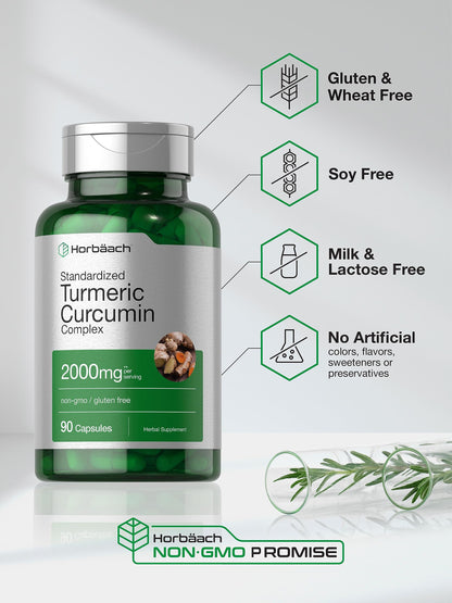 Horbäach Turmeric Curcumin 2000mg - 90 Capsules x2 | Black Pepper, Non-GMO, Gluten Free (Pack of 2)
