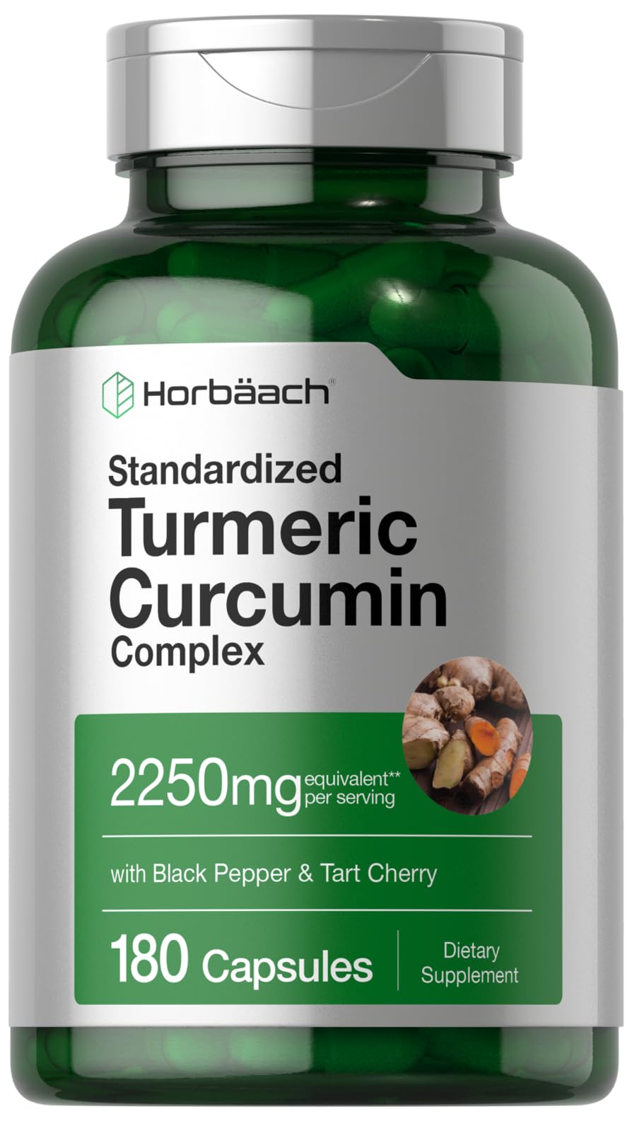 Horbaach Turmeric Curcumin 2250mg - 180 Capsules | Black Pepper & Tart Cherry, Non-GMO, Gluten Free